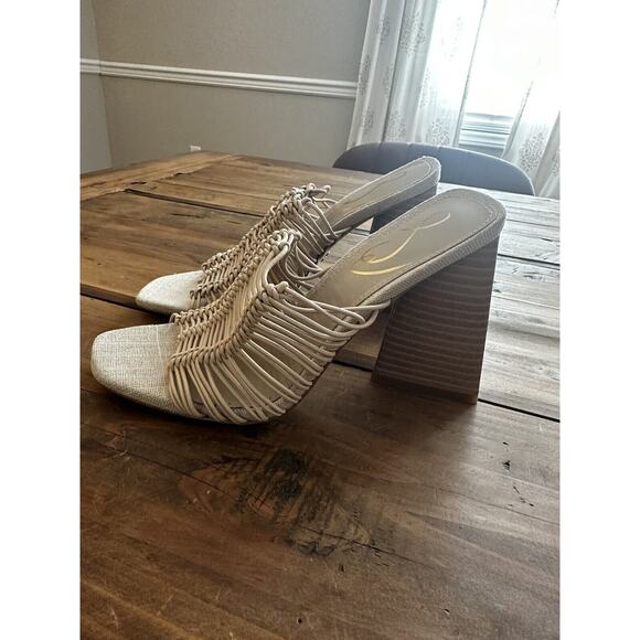 Sam Edelman Women's Size 5 Laurette Woven Block Heel Mule Sandal Tan Almond - Picture 1 of 9